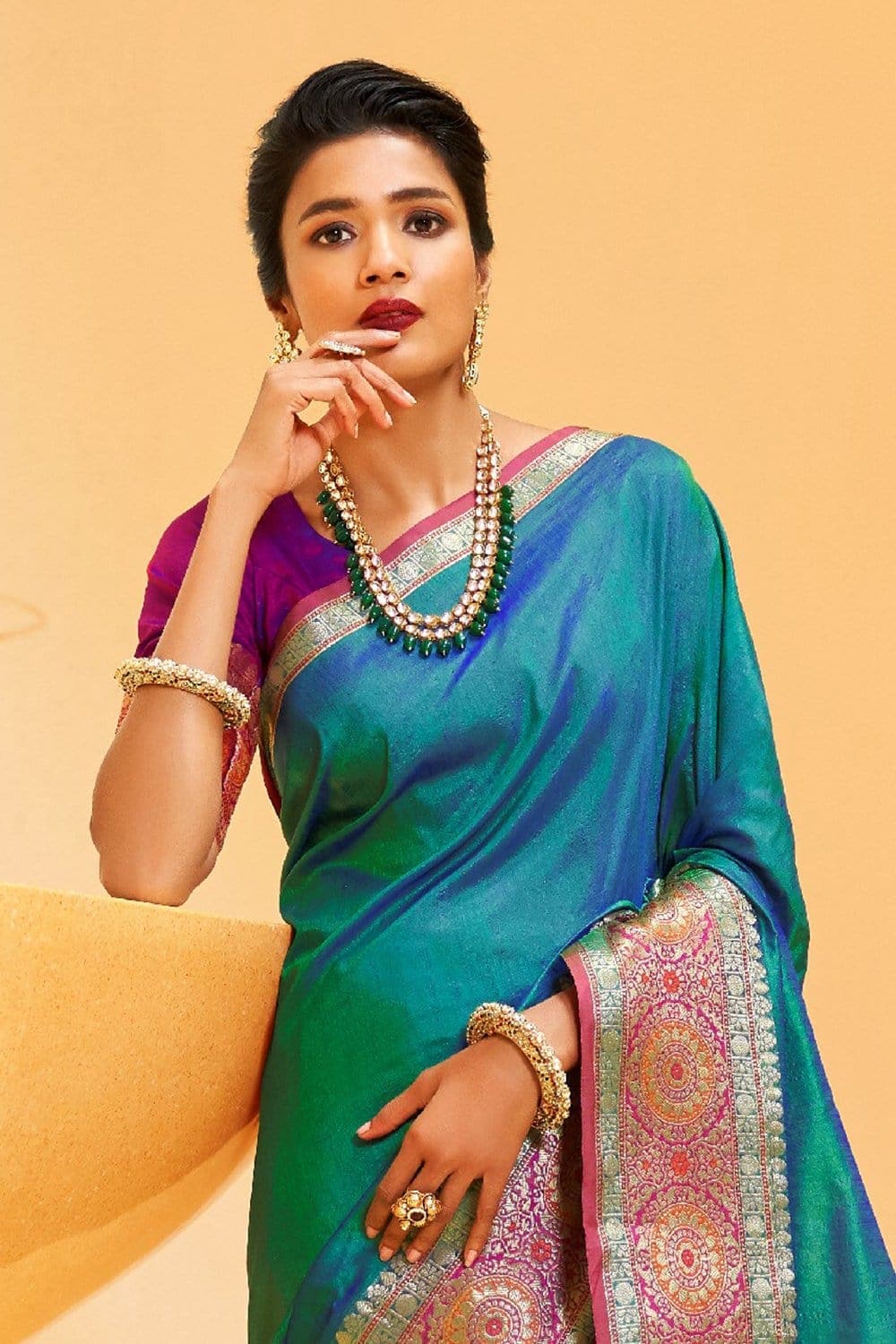 Teal Green Linen - Banarasi Fusion Saree