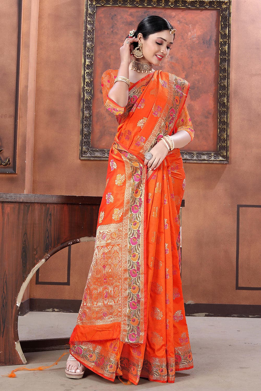 orange banarasi saree