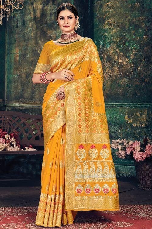 Wattle Yellow Zari Woven Designer Banarasi Saree – MySilkLove