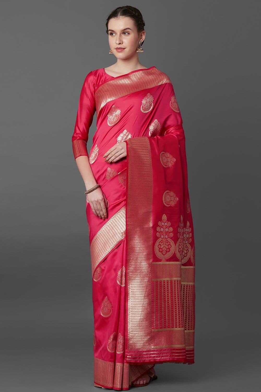 Watermelon pink woven bridal banarasi saree - Limited exclusive bridal collection - Buy online on Karagiri - Free shipping to USA