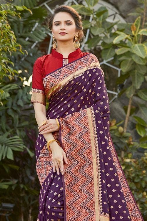 Wine Banarasi Silk Saree With Blouse 227345