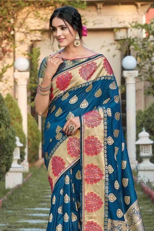 Yale Blue Leaf Butta Banarasi Saree