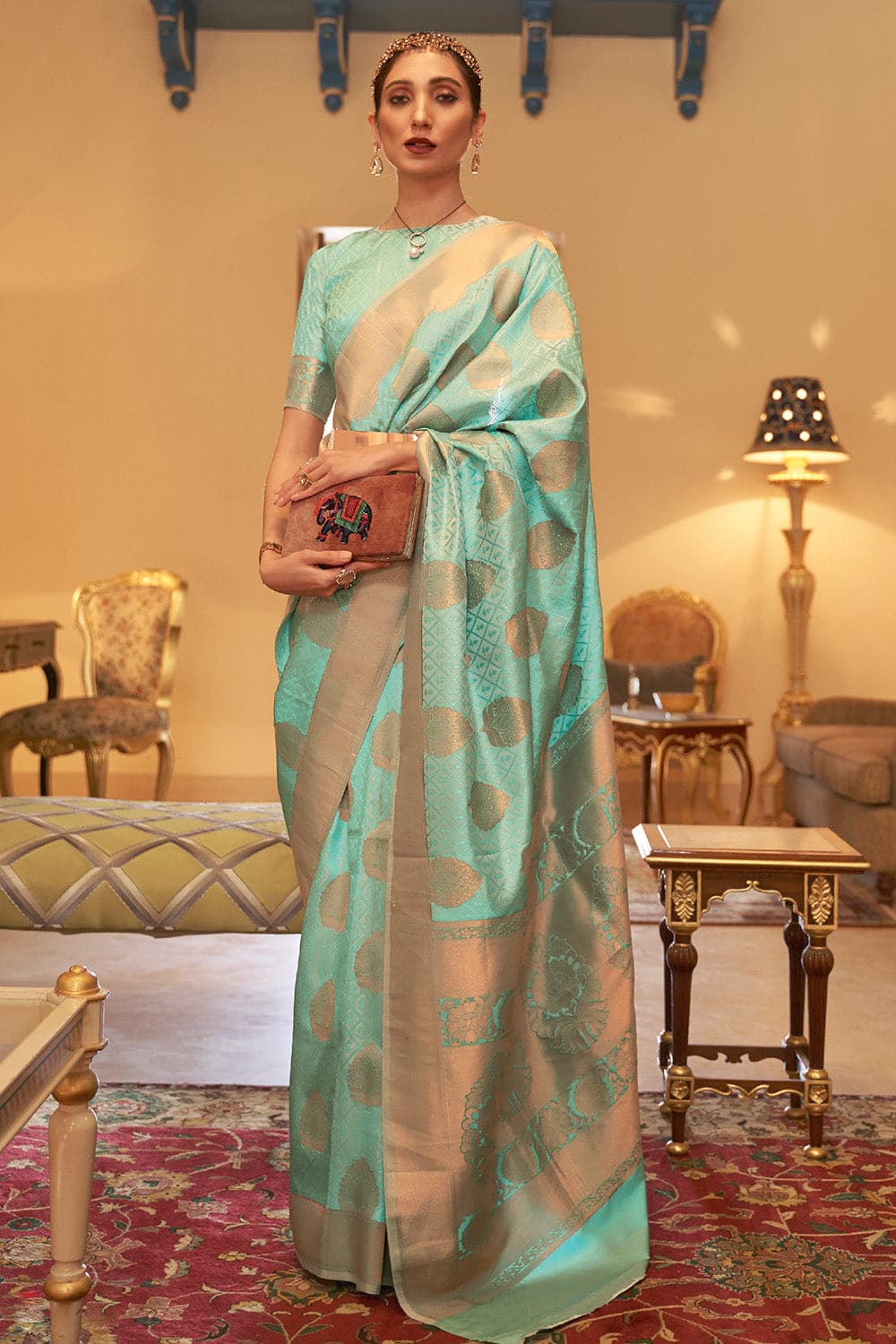 Oberoi Cyan Blue Kancipuram Saree – Zariknyaa