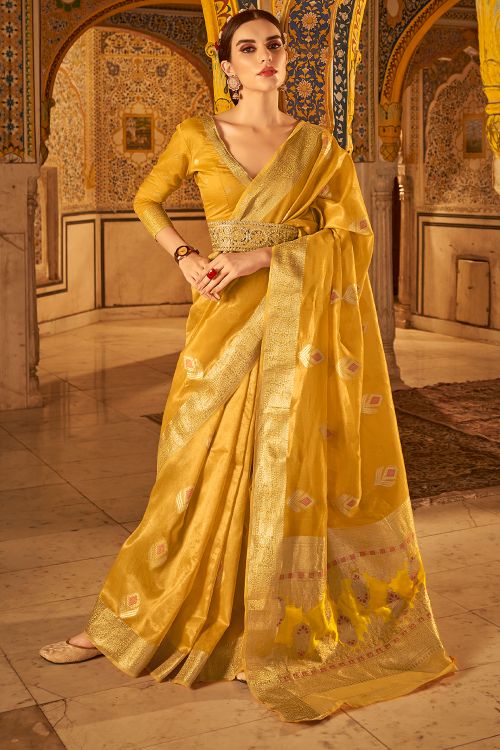 Yellow Color Jacquard Work Traditional Wear Banarasi Silk Saree Blouse  -4594155792 | Heenastyle