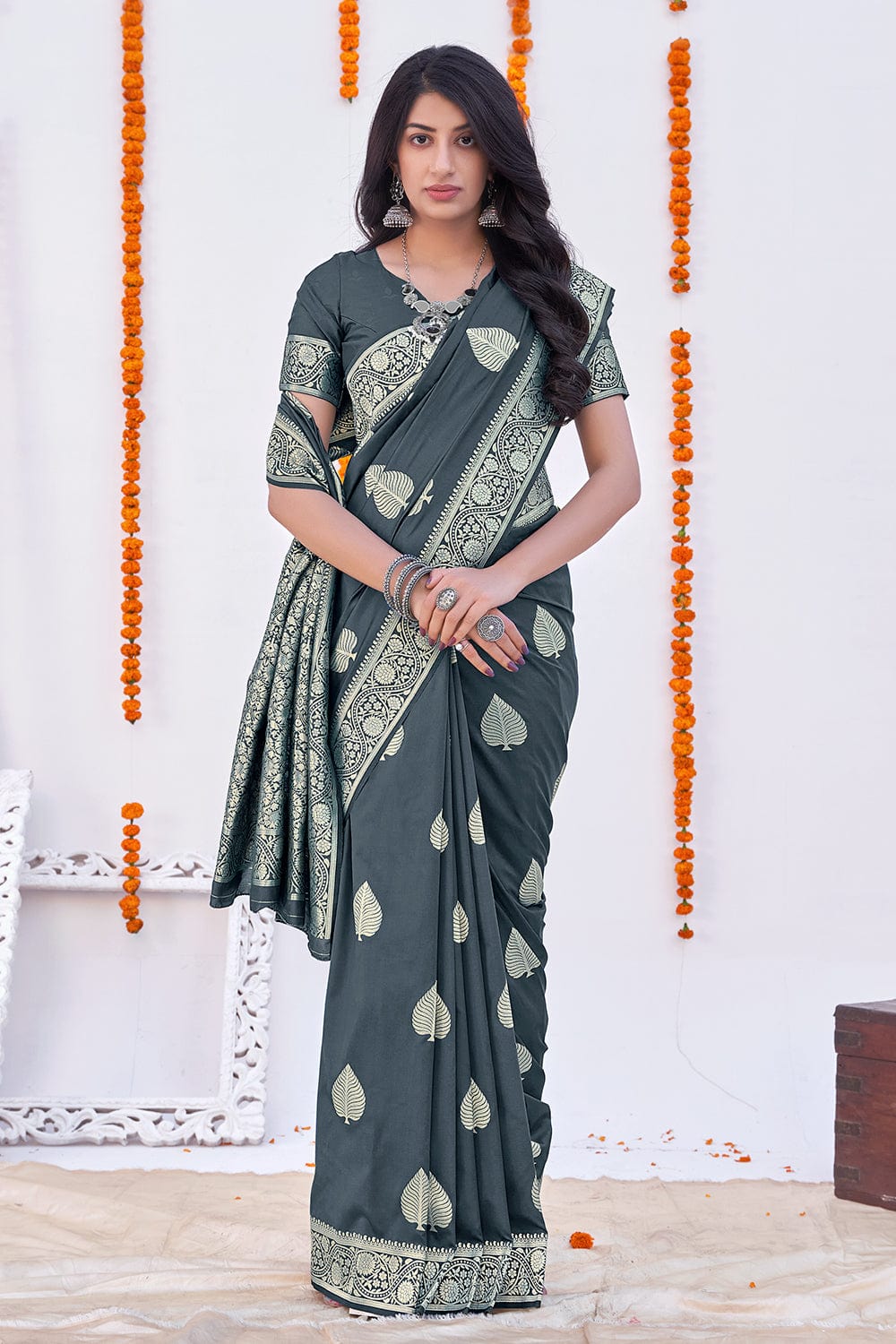 gray banarasi saree