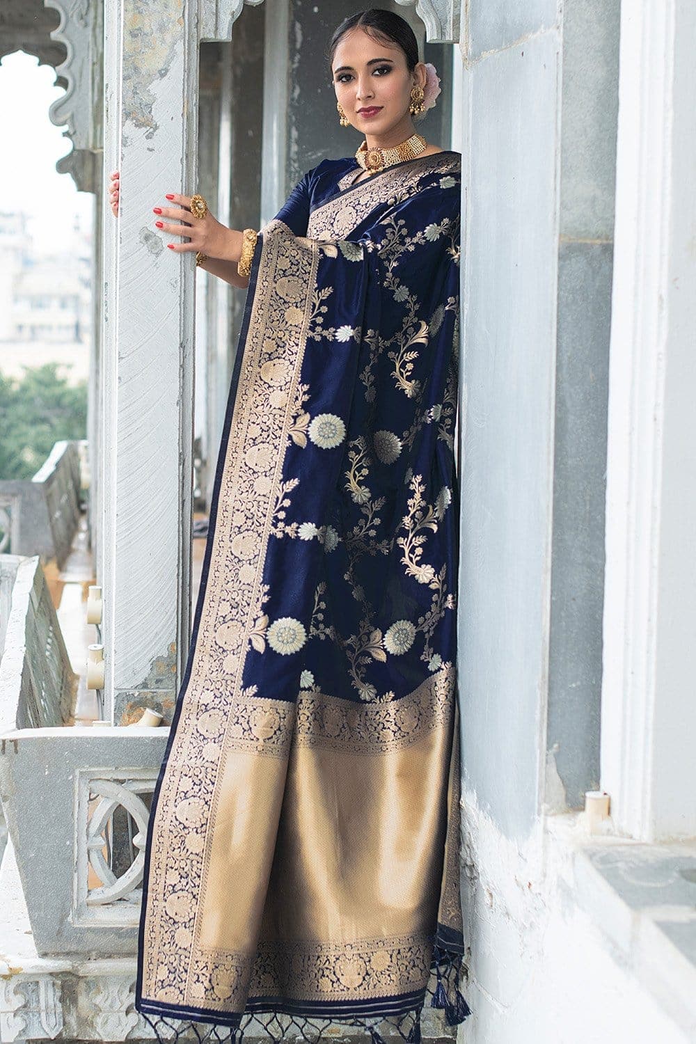 Dark Blue Viscose Georgette Banarasi Saree | Taneira Online Store