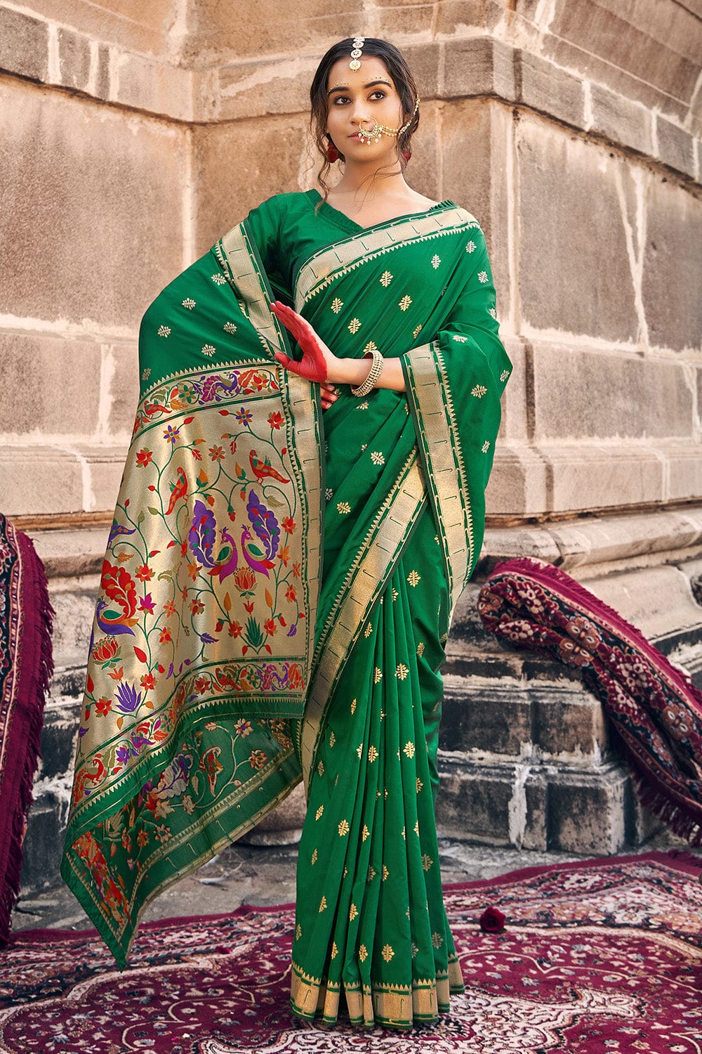 Teal Green Banarasi Silk Saree with Stone Work - Urban Womania