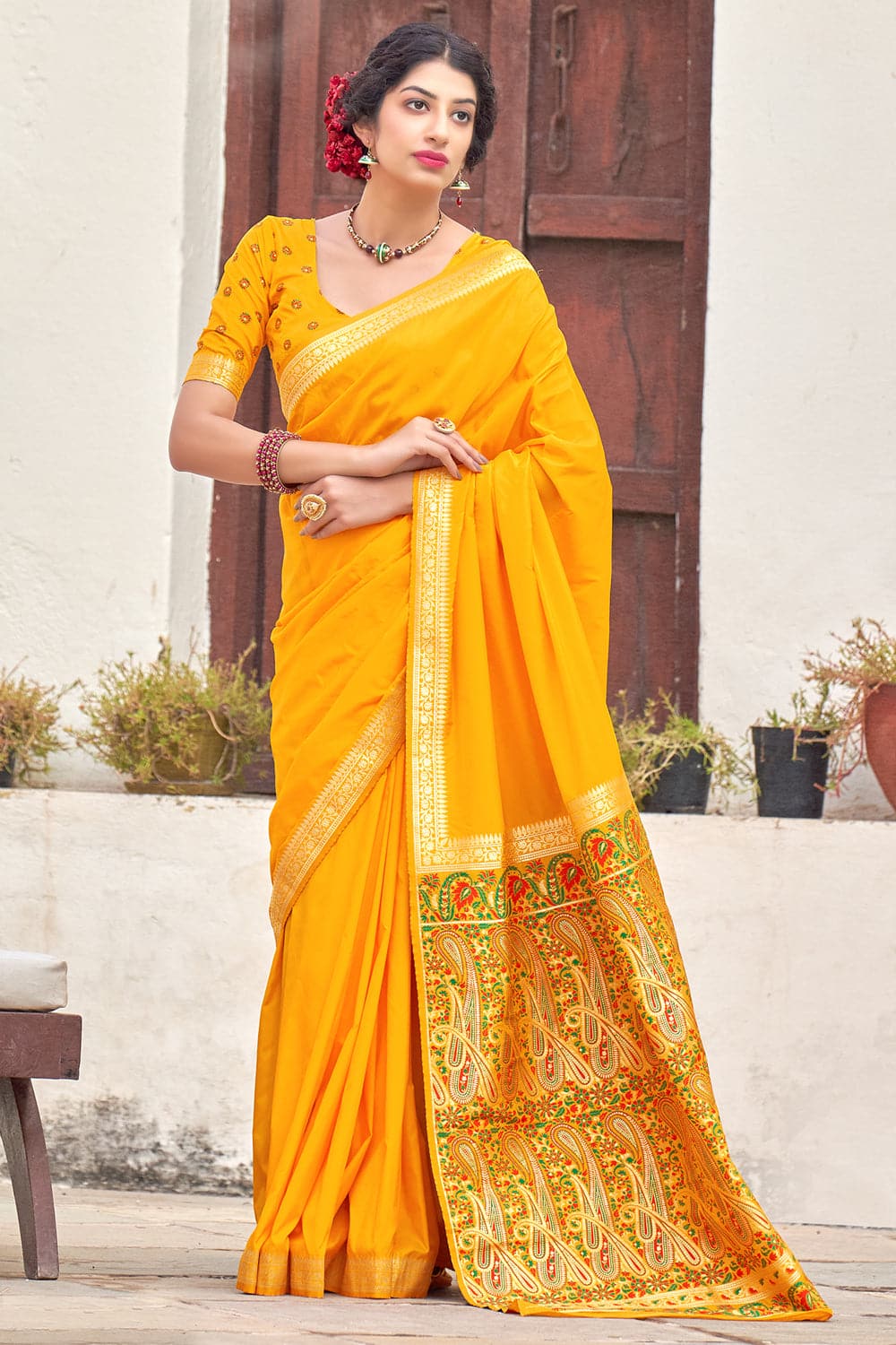 Yellow Color Party Wear Heavy Banarasi Silk Saree With Double Blouse –  fashionnaari