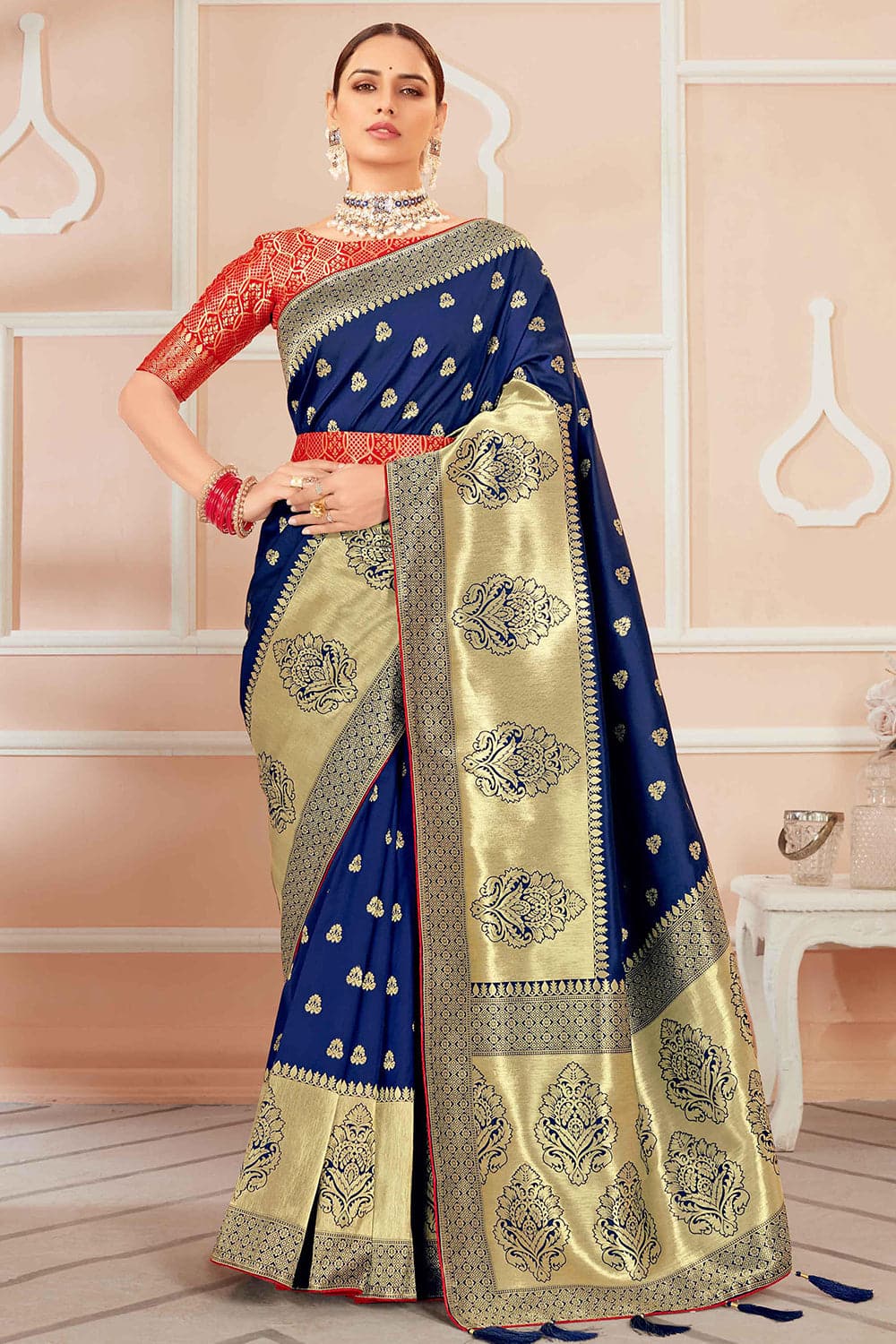 Saumya Navy Blue Banarasi Saree – Zariknyaa