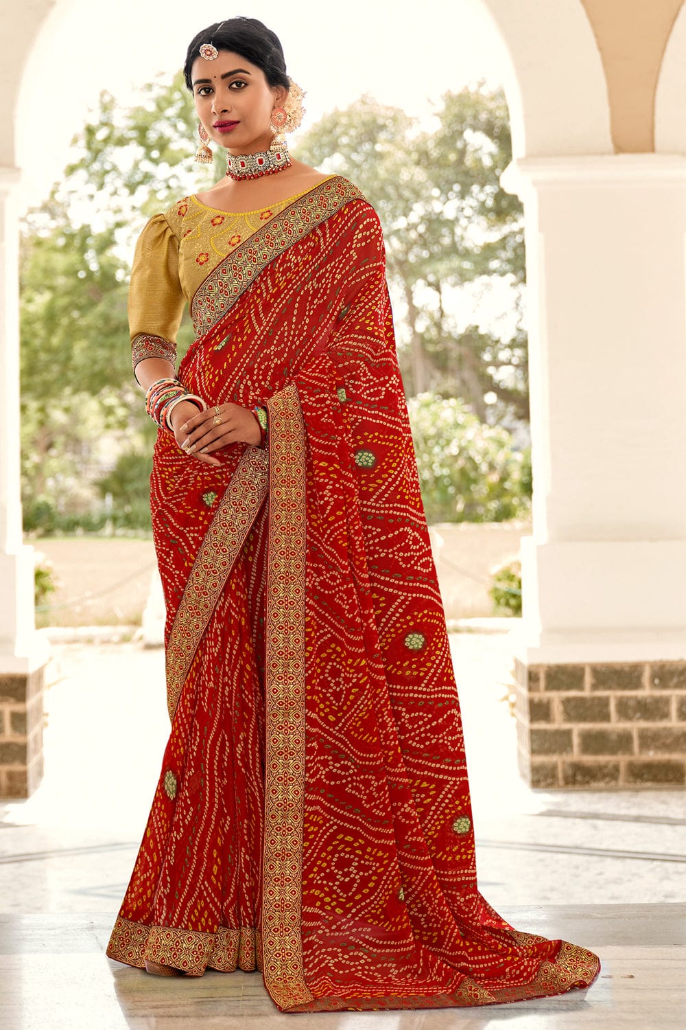 LIME GREEN WOVEN PURE GEORGETTE BANDHANI SAREE WITH BANARASI SILK BORD –  zarikaariindia.com