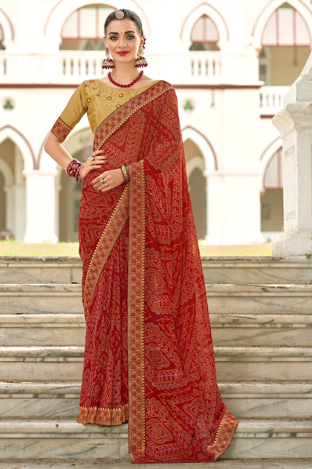 Buy Leelipeeri Designer Women Red Color Block Georgette Bandhani Saree  Online at Best Prices in India - JioMart.