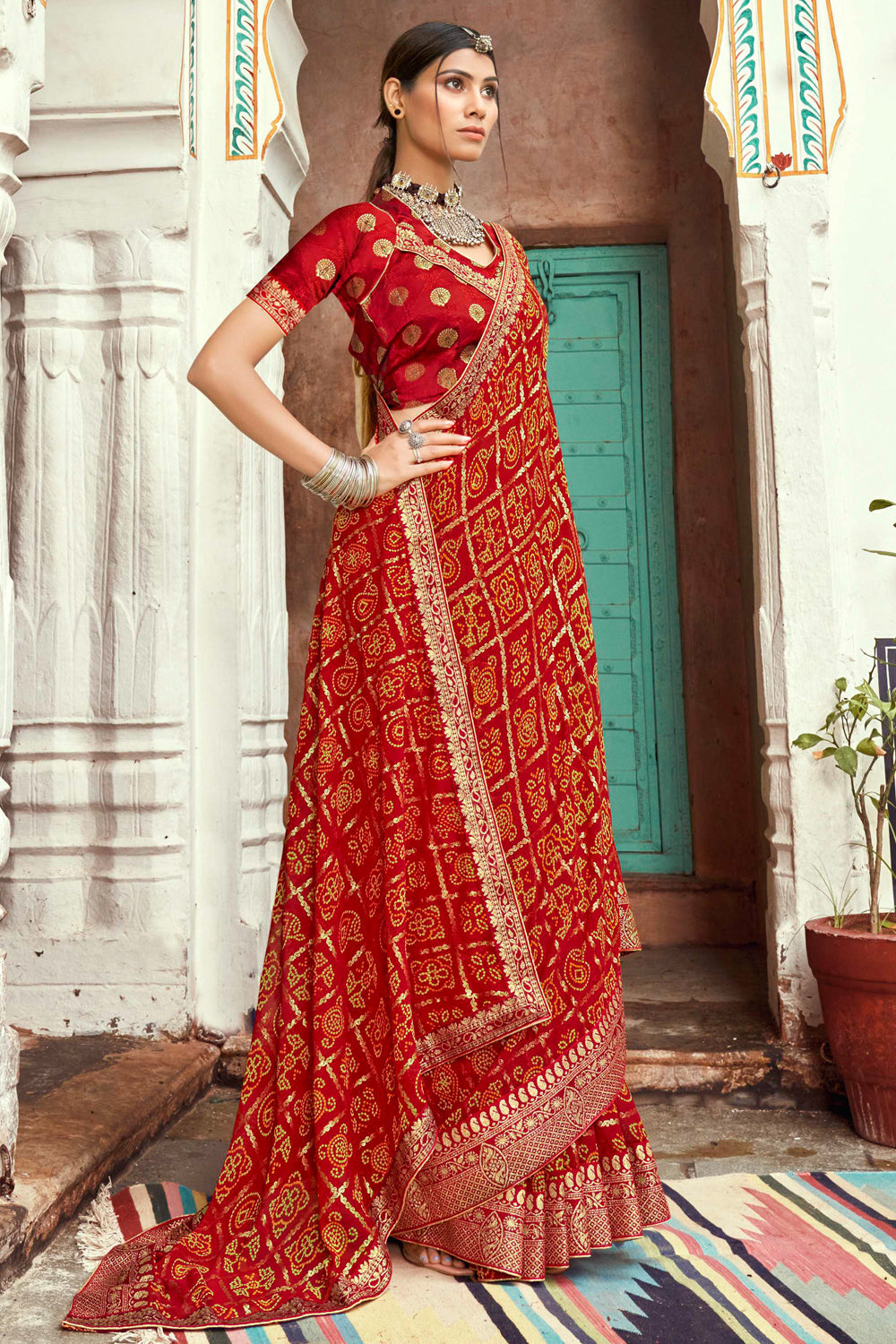 red  bandhani saree