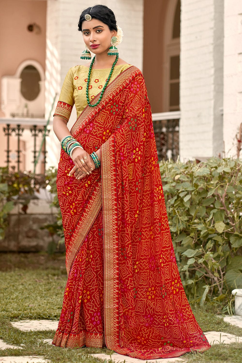 Designer Heavy Bandhani Saree Red Colour with Yellow Blouse