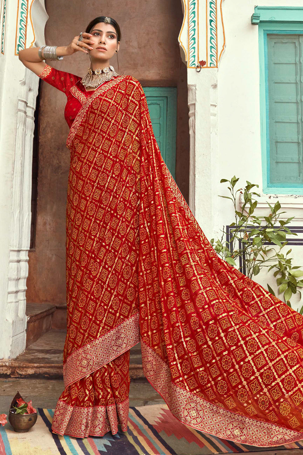 Green Pure Gajji Silk Bandhani Saree Red Gharchola Silk Saree Checks Bandhej  Sari With Blouse Green Blouse Indian Traditional Wear Sari 1 - Etsy