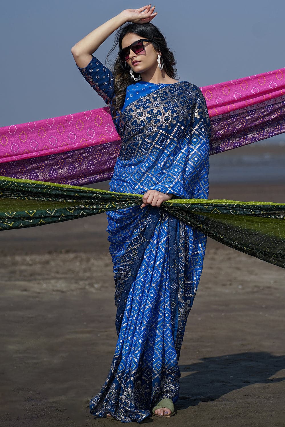 Royal blue woven silk bandhani sarees bandhej - Vedant Vastram - 4233765