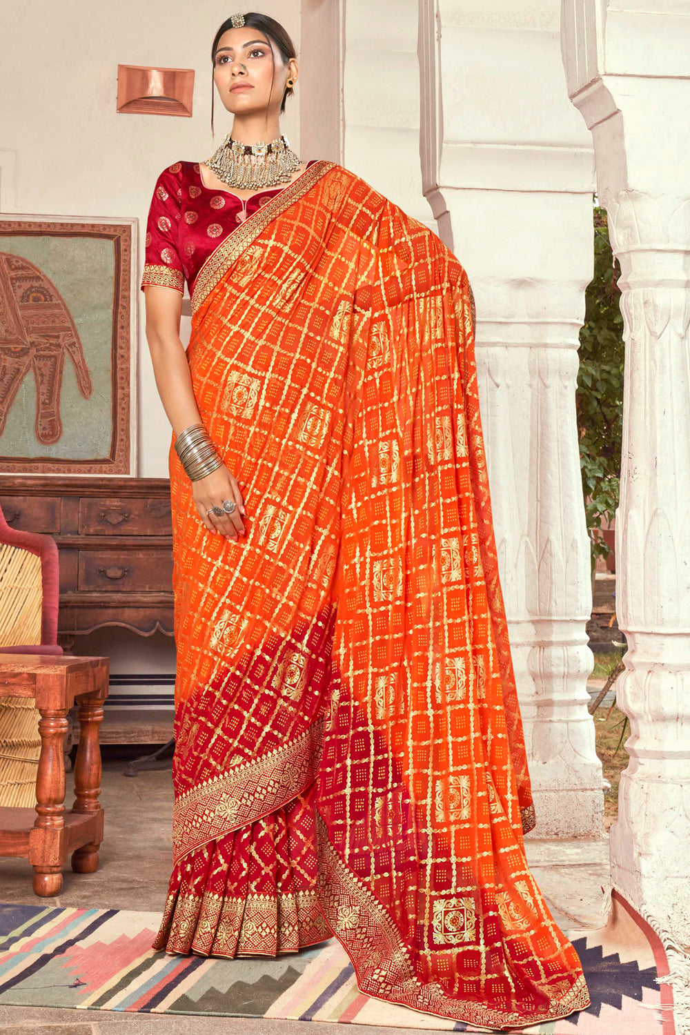 orange bandhani saree