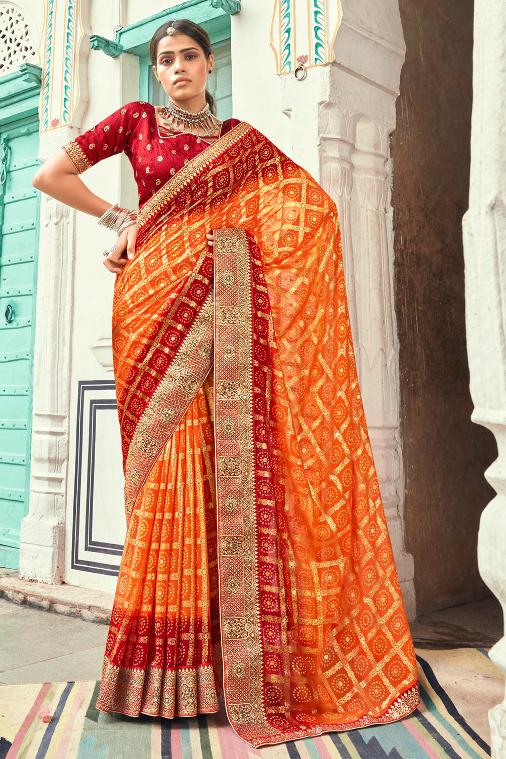 orange bandhani saree