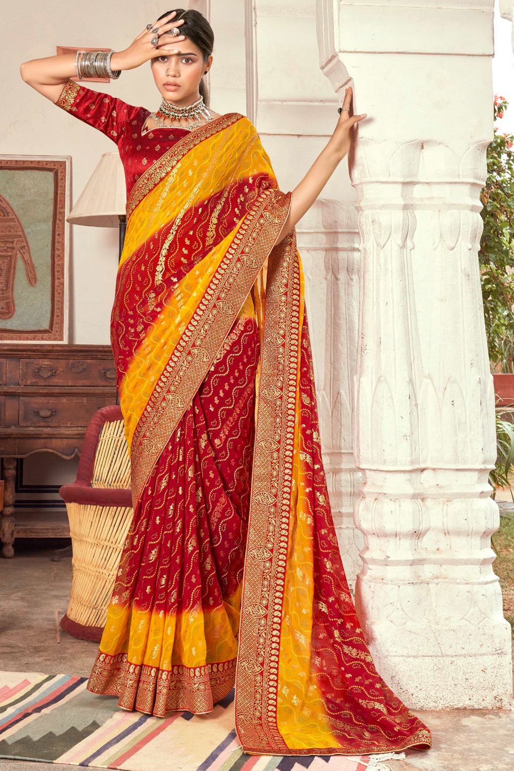 red yellow bandhani saree