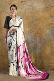 Beige pink abstract print pure satin crepe designer saree - Buy online on Karagiri - Free shipping to USA