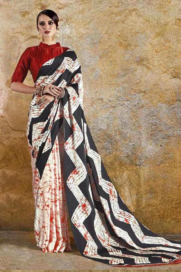Black Red Abstract Print Pure Satin Crepe Designer Saree saree online