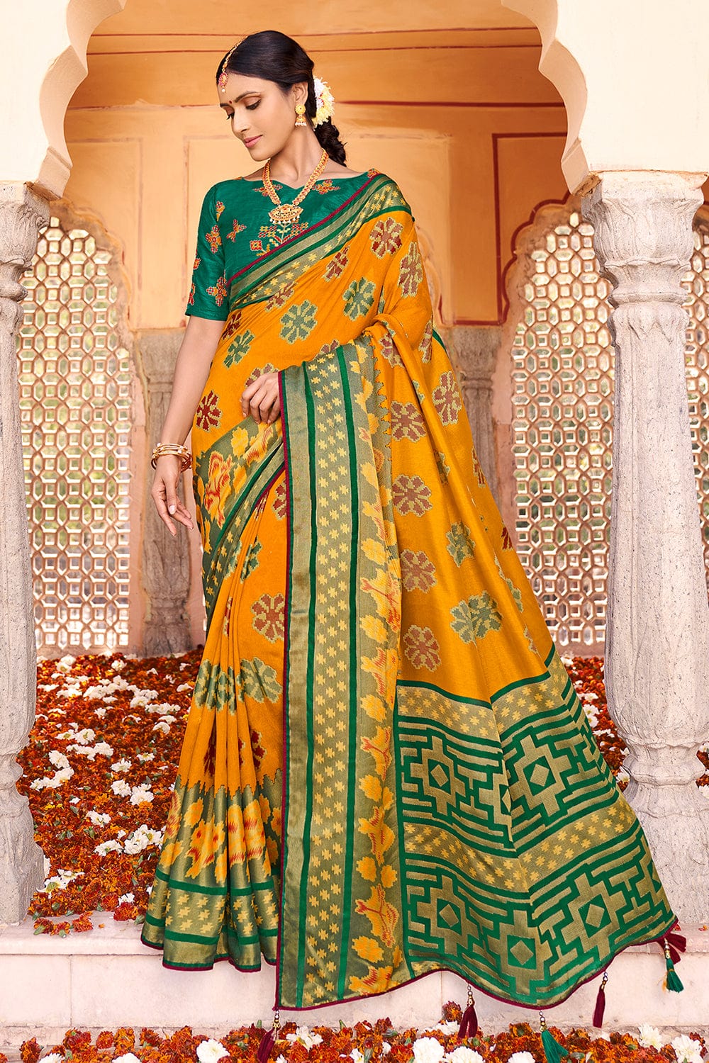 Breathtaking Yellow Colored Partywear Embroidered Chiffon Brasso Saree
