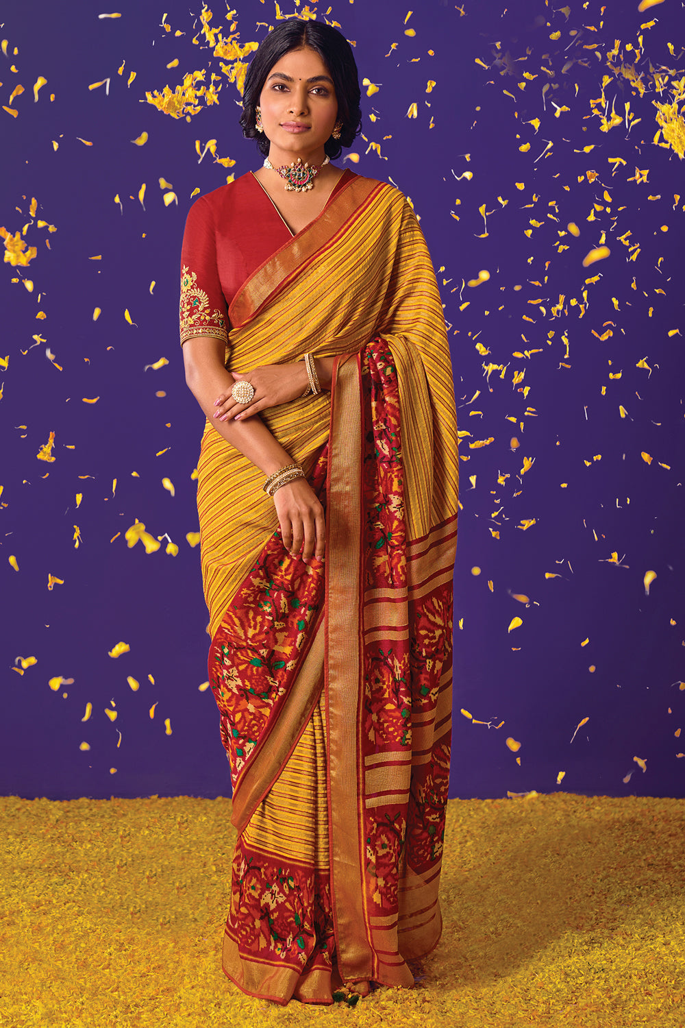 Tree Yellow and Red Banarasi Saree with Designer Blouse – MySilkLove