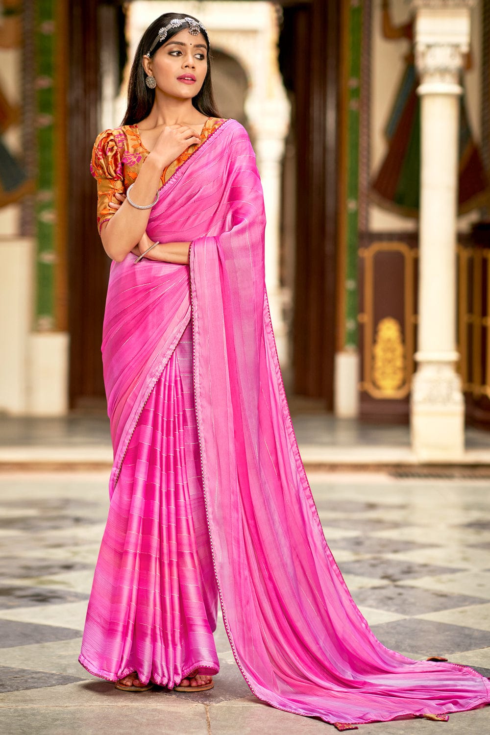 Buy AVANSHEE Self Design, Printed, Floral Print Bollywood Brasso Saree  (Pink) Online at Best Prices in India - JioMart.