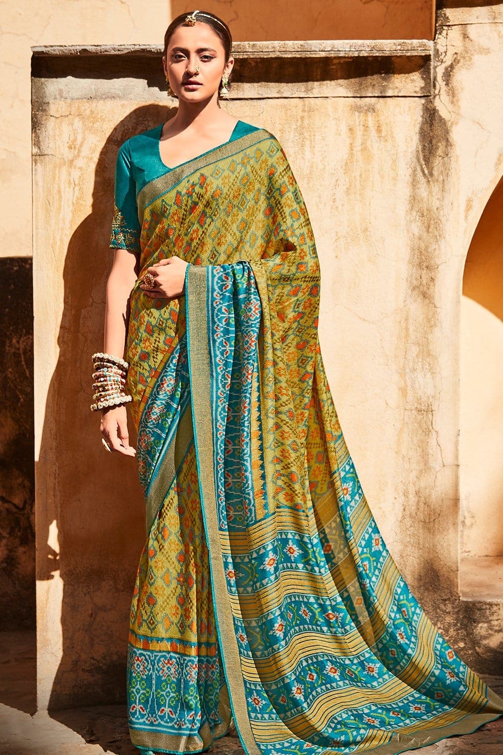 Blue Sea Green Small Print Premium Italian Silk Crepe Saree For Jewell–  Uniform Sarees