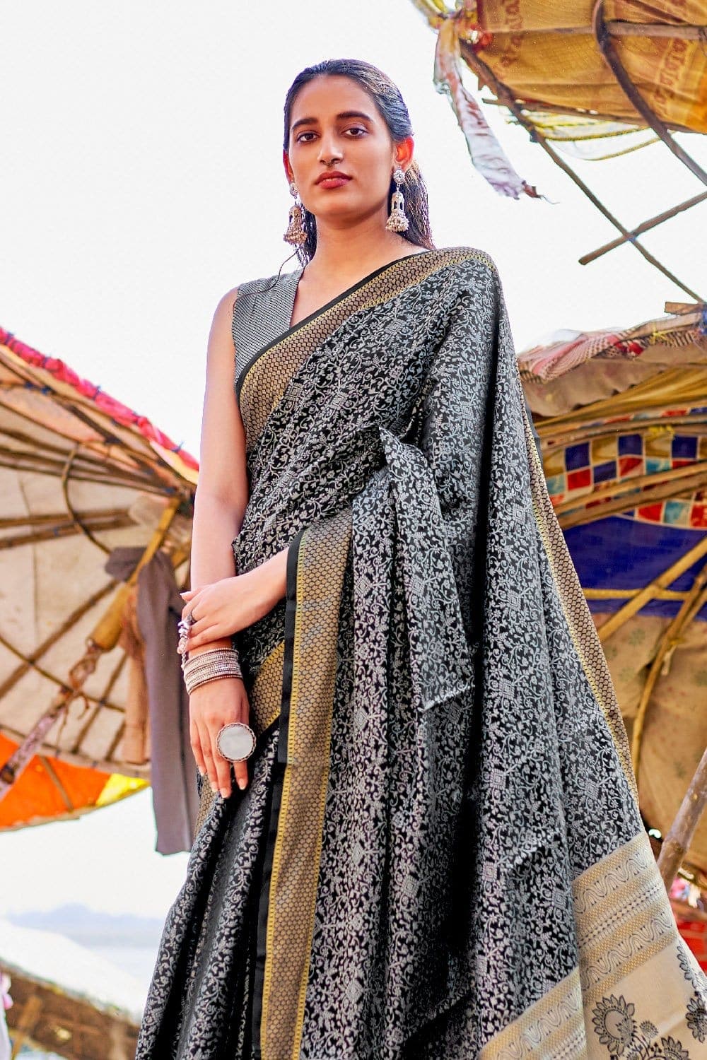 Chanderi Saree Black Lead Grey Prints Chanderi Saree saree online