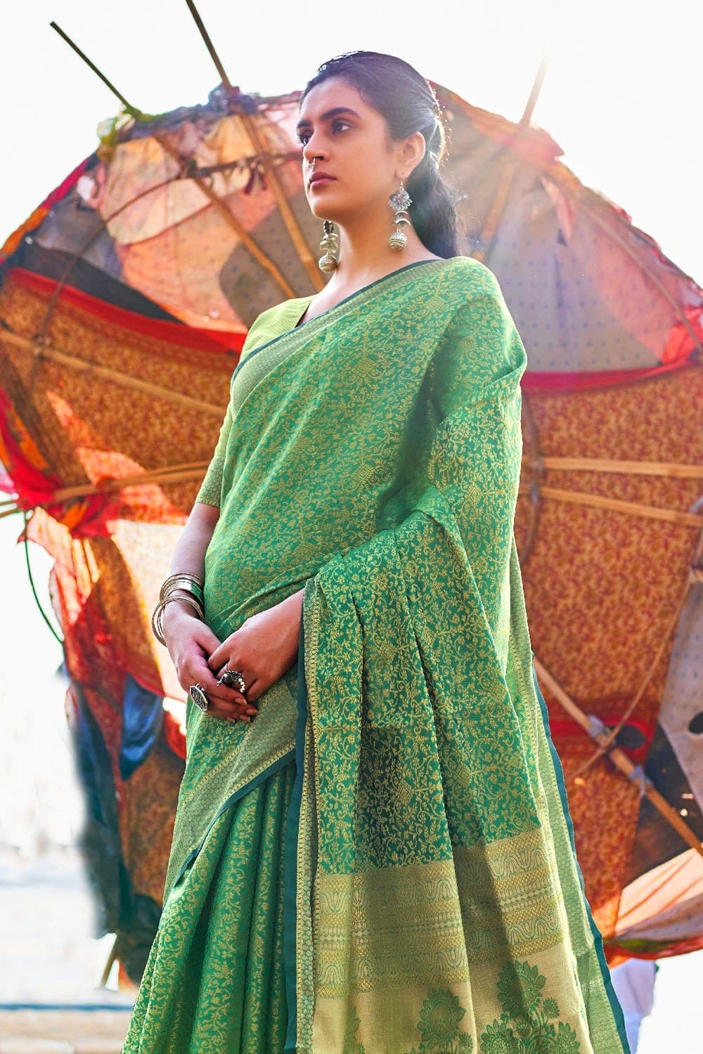 Chanderi Saree Emerald Green Yellow Prints Chanderi Saree saree online
