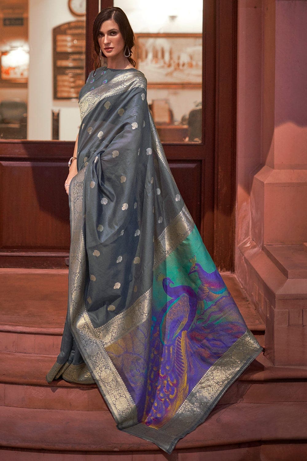 Blue green dual tone chanderi silk saree