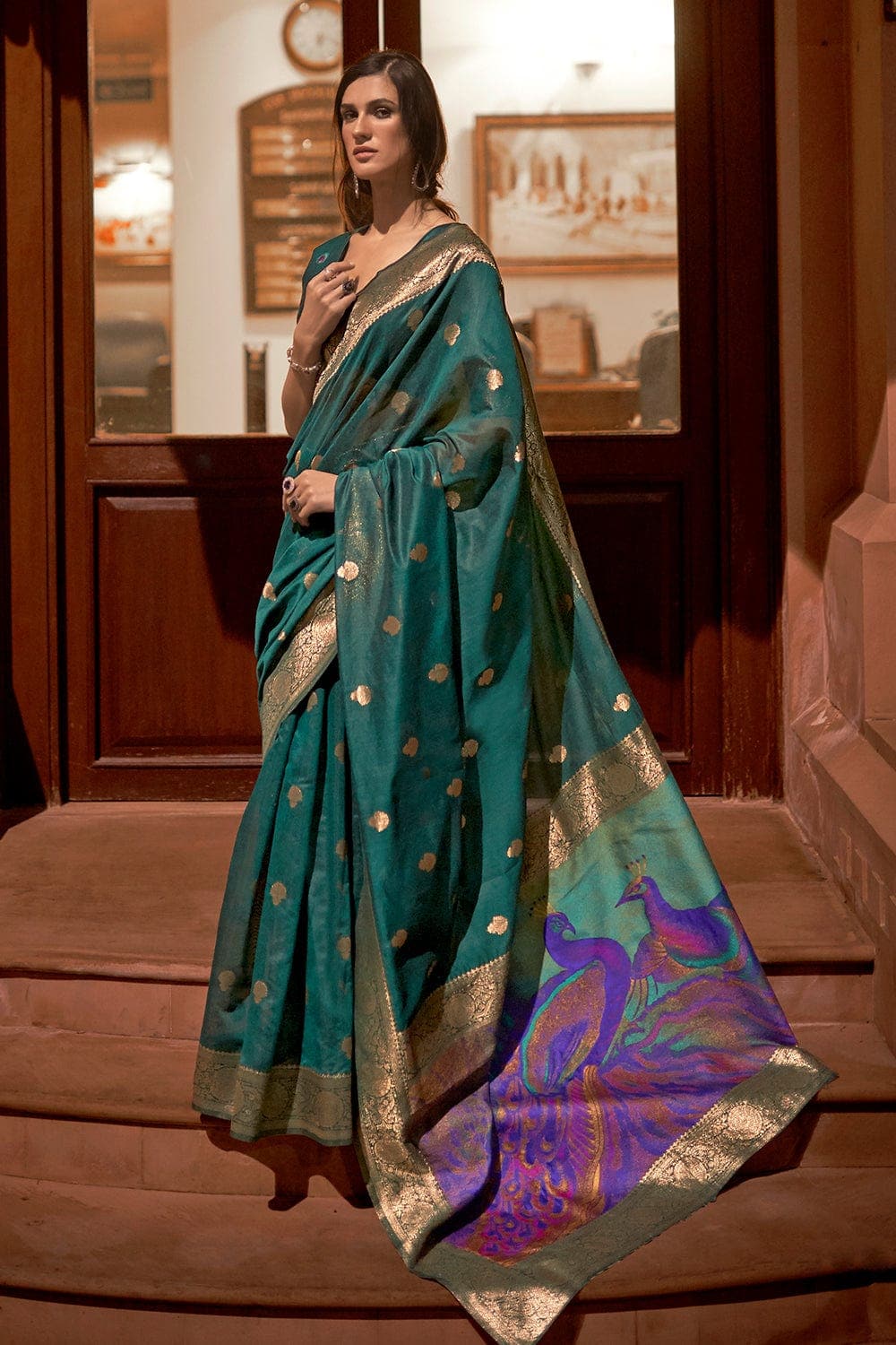 Semi chanderi saree green and brown with allover ajrakh prints and emb –  Prashanti Sarees