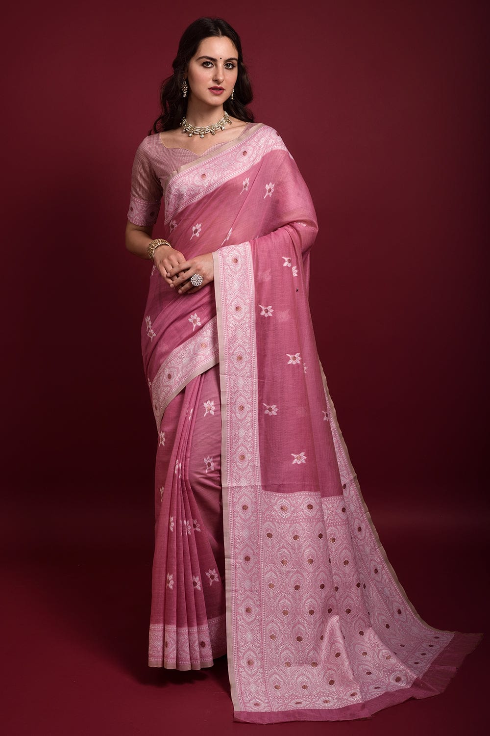 pink chanderi saree