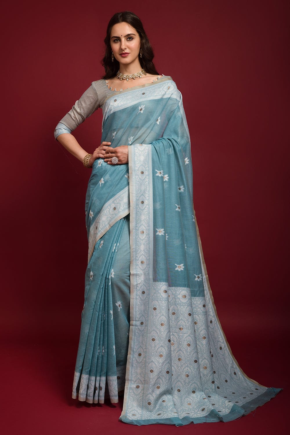 blue chanderi saree