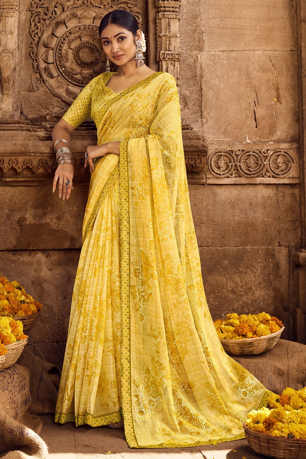 Buy Yellow Sarees for Women by VIVERA Online | Ajio.com