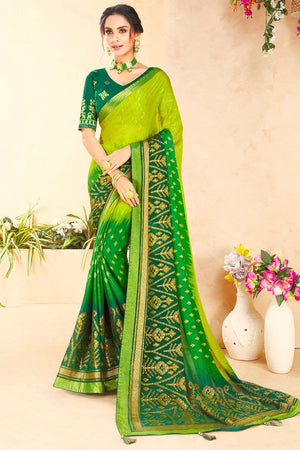 Lite pista green plain body georgette designer saree,contrast border &  blouse with floral deisgn embroidery & sequinwork