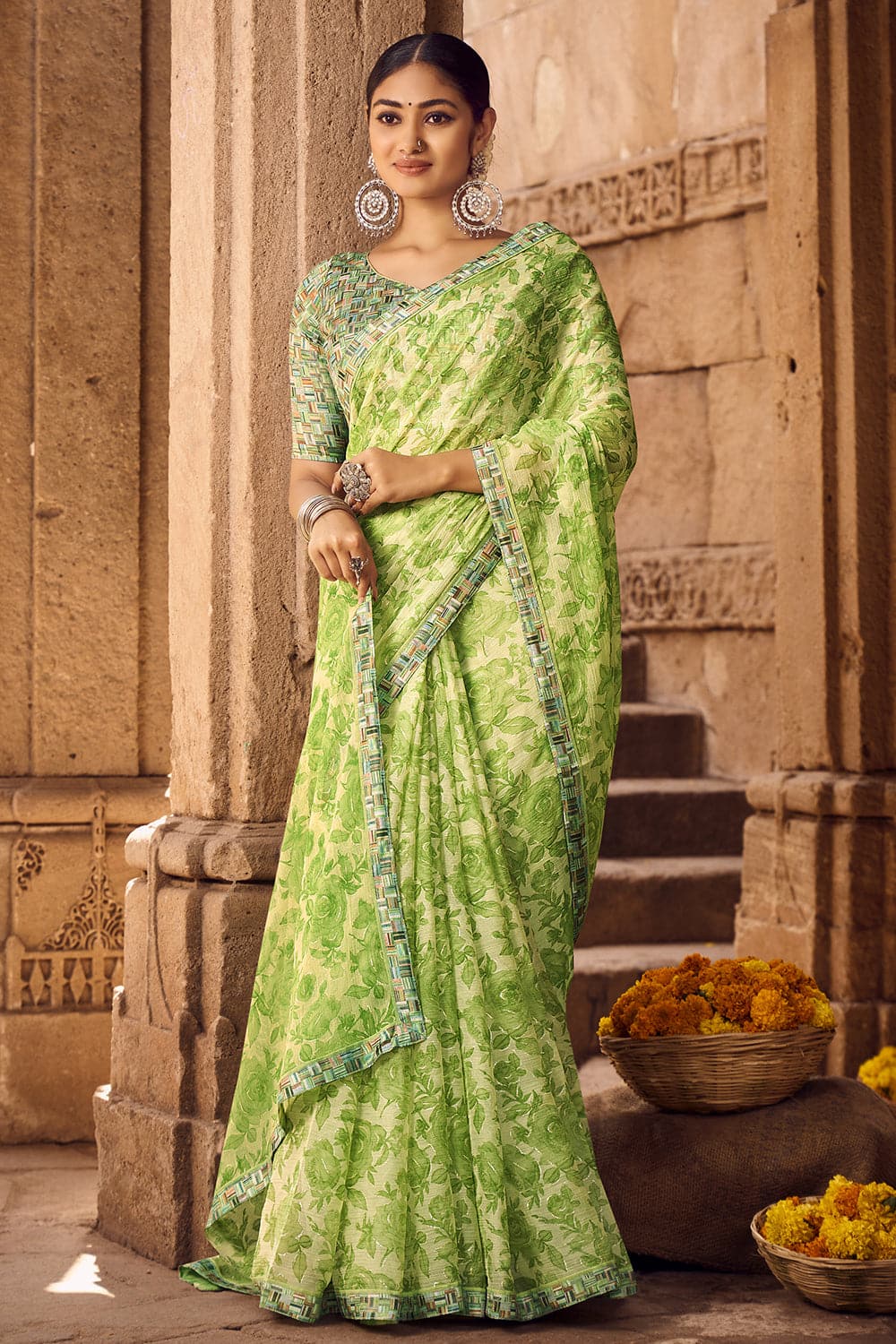 Banarasi chiffon saree light green with allover chikankari work and si –  Prashanti Sarees