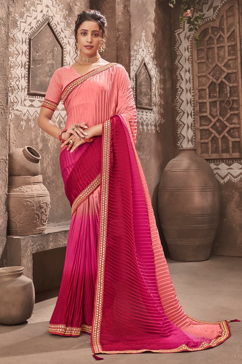 Buy Ranas Pink & Peach Shaded Chiffon Saree Online | Sarees | Ranas