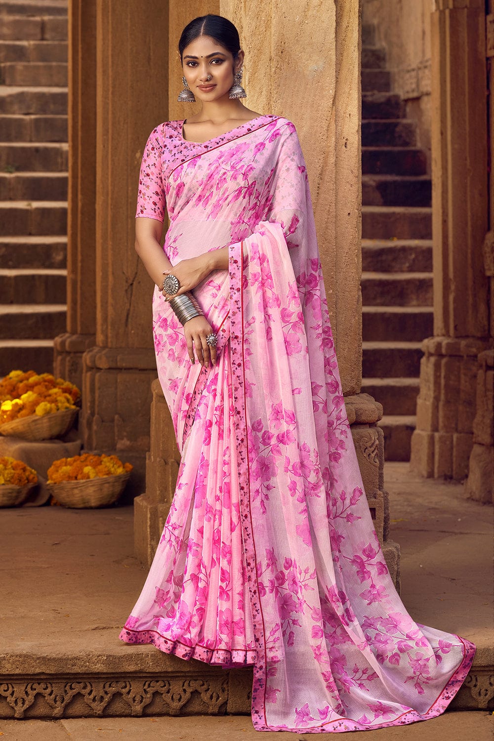 Buy Styleyug Indian Women's RS -Vani Collection :Light pink Chiffon Saree  Sari at Amazon.in