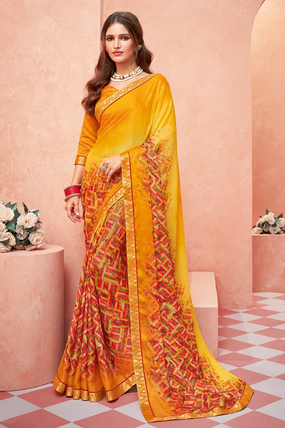Chiffon Designer Saree with Blouse at Rs 1069 in Surat | ID: 20457543912