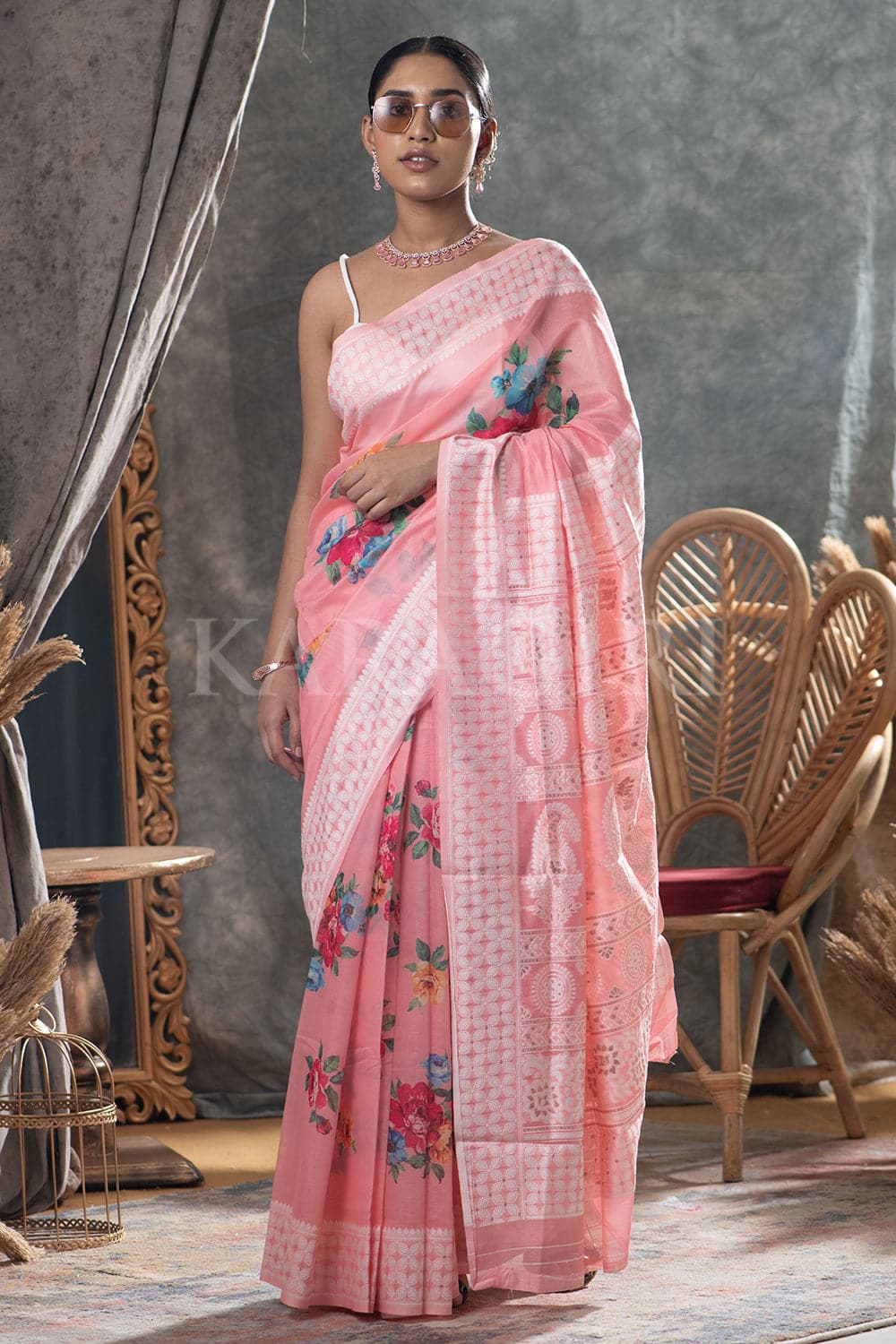 Rose Pink Lucknowi Handloom Silk Chikankari Saree | Laxmi Style