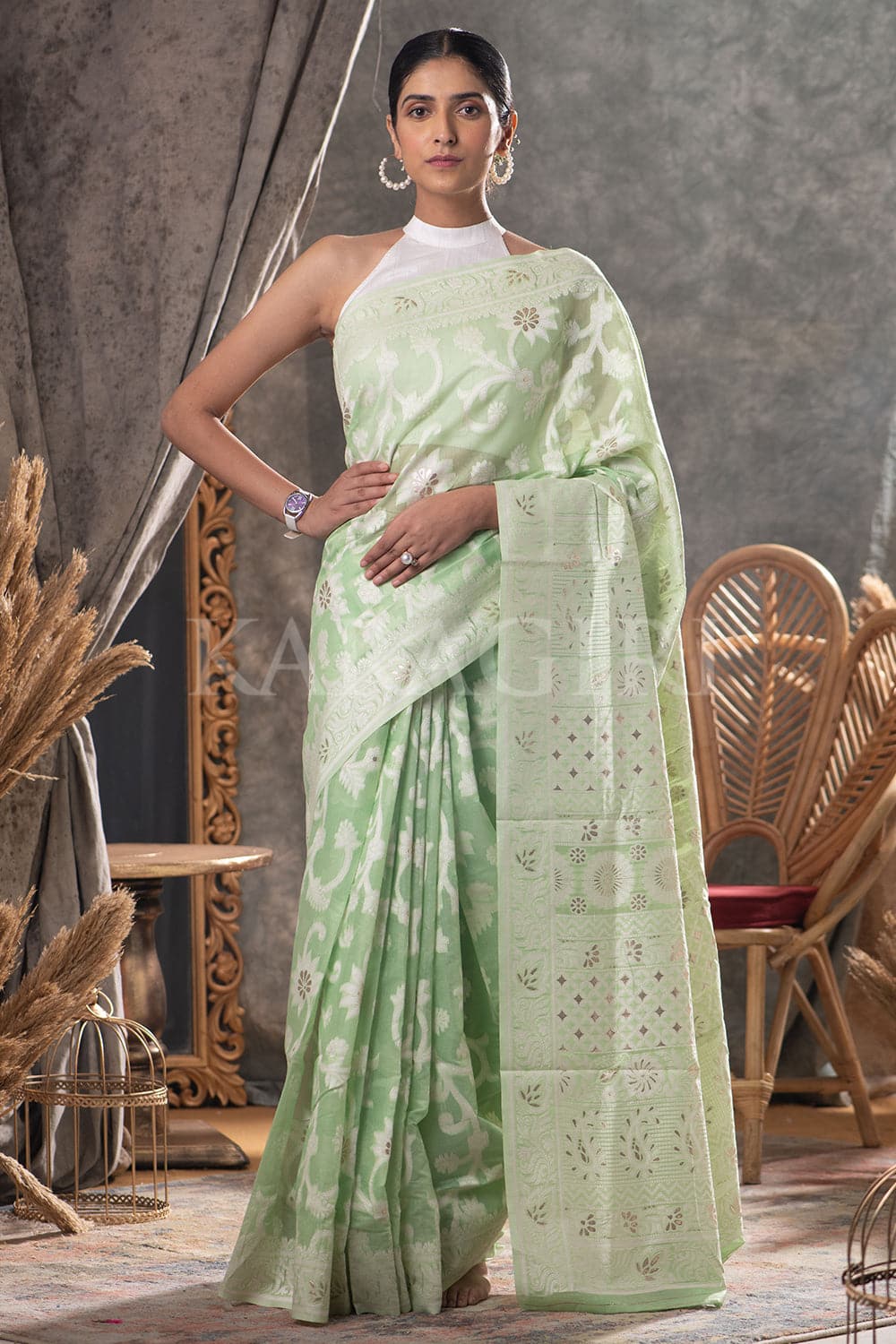 Green Pure Cotton Chikankari Saree | Taneira Online Store