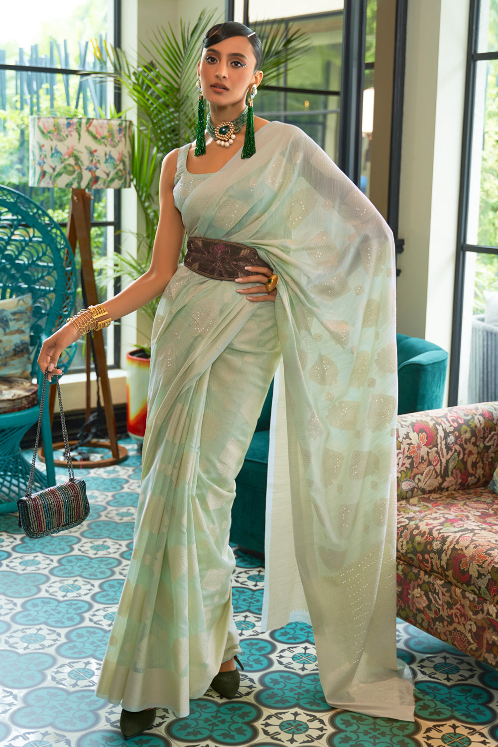 green chikankari saree