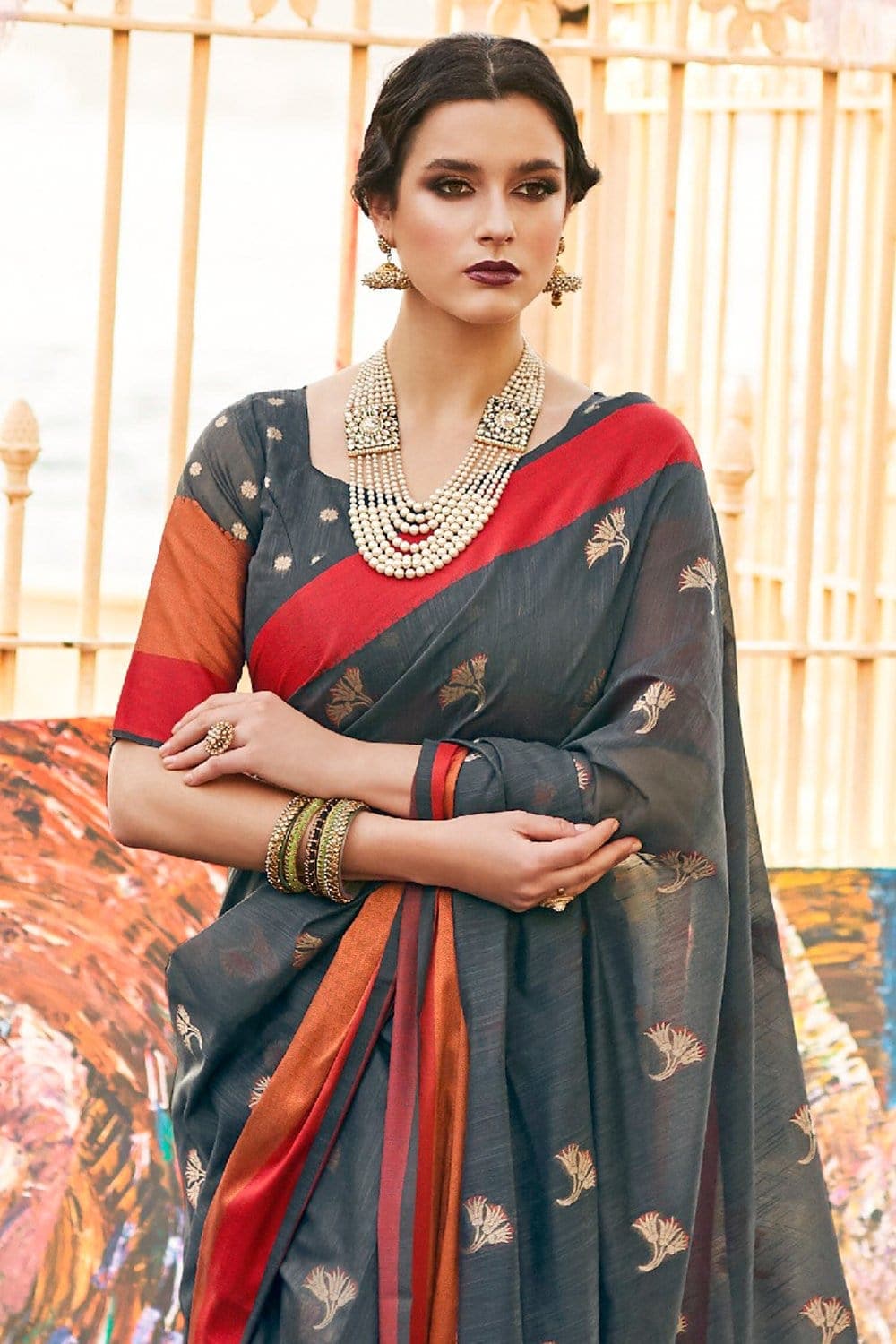 Cotton - Linen Saree Beautiful Anchor Grey Linen - Cotton Fusion Saree saree online