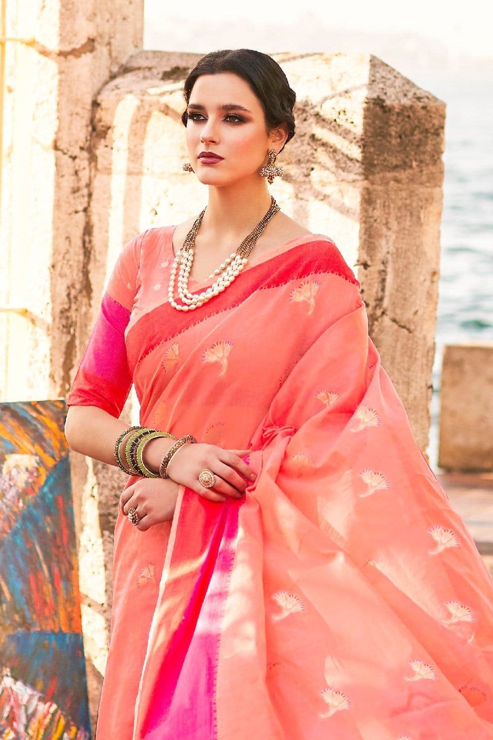 Cotton - Linen Saree Beautiful Coral Pink Linen - Cotton Fusion Saree saree online