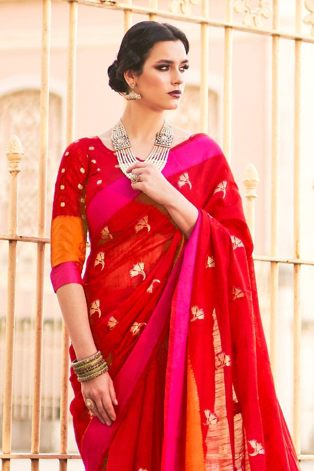 Cotton - Linen Saree Beautiful Crimson Red Linen - Cotton Fusion Saree saree online