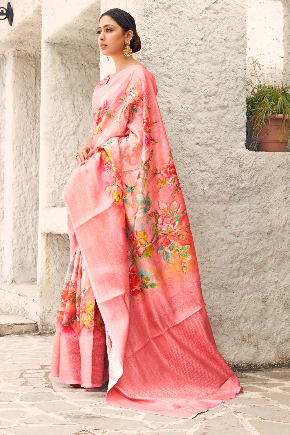 Pink Digital Printed Cotton - Linen Saree