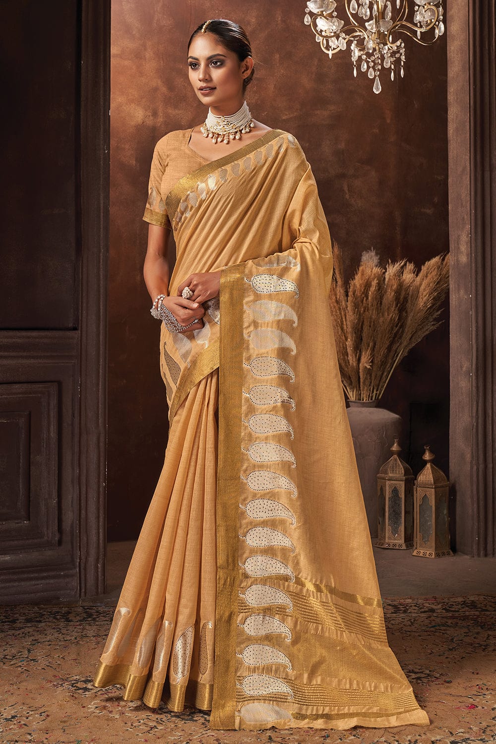 Light Beige Self Woven Plain Cotton Saree | Leemboodi