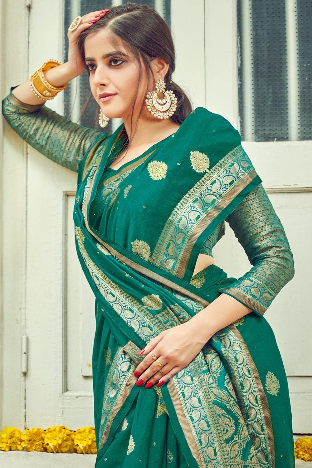 Buy Festival Wear Dark Green Weaving Banarasi Cotton Saree Online From  Surat Wholesale Shop.