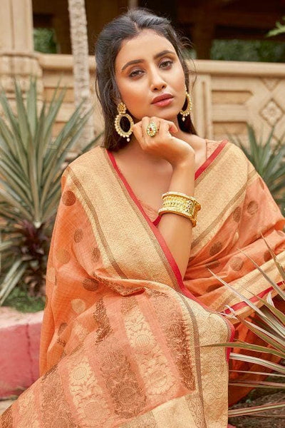 Peach Cotton Tissue Banarasi Saree Set Design by Priyanka Jha at Pernia's  Pop Up Shop 2024